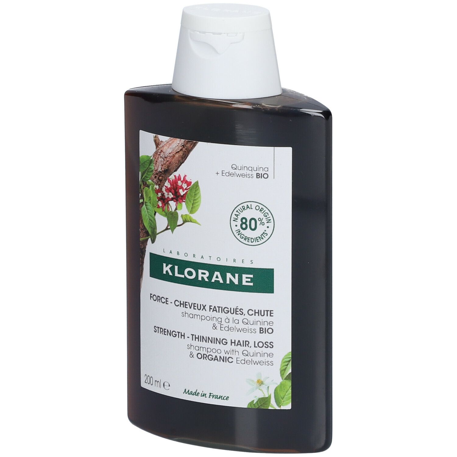 Flacon brun avec bouchon blanc. Étiquette avec logo et texte. "80% ingrédients naturels".