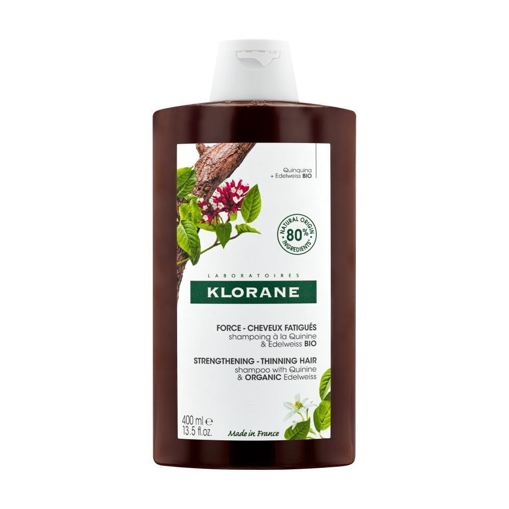 KLORANE Shampoo mit Chinin & Edelweiss. Flasche mit Produktetikett, 400 ml. 80% natürliche Inhaltsstoffe.