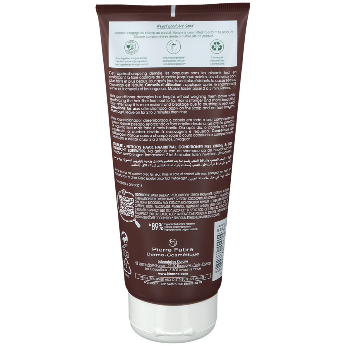 Bruine tube met witte dop. Tekst in meerdere talen. Opschrift: Pierre Fabre Dermo-Cosmétique. Recycling symbool.