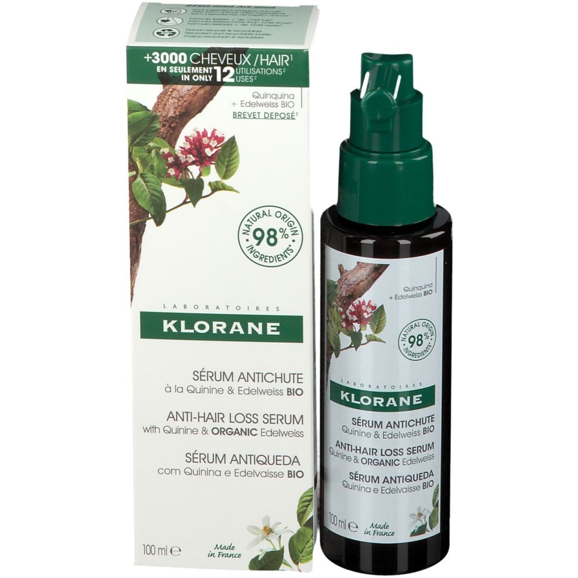 Product en verpakking. Fles met groene spraykop en doos. Opschrift: Sérum antichute, Anti-Hair Loss Serum. Met kinine & Edelweiss BIO. 98% ingrediënten van natuurlijke oorsprong.