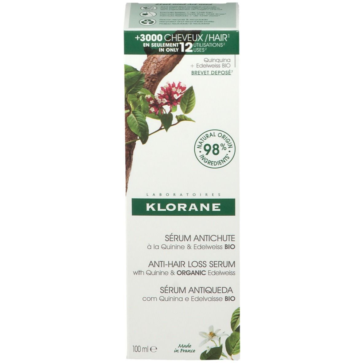 Product en verpakking. Doos met fles. Opschrift: Sérum antichute, Anti-Hair Loss Serum. Met kinine & Edelweiss BIO. 98% ingrediënten van natuurlijke oorsprong.