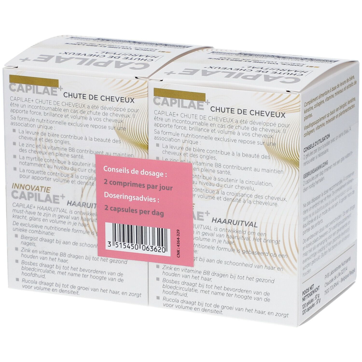 Emballage Capilaé+ Chute de Cheveux. Autocollant rose avec instructions de dosage. Texte multilingue.