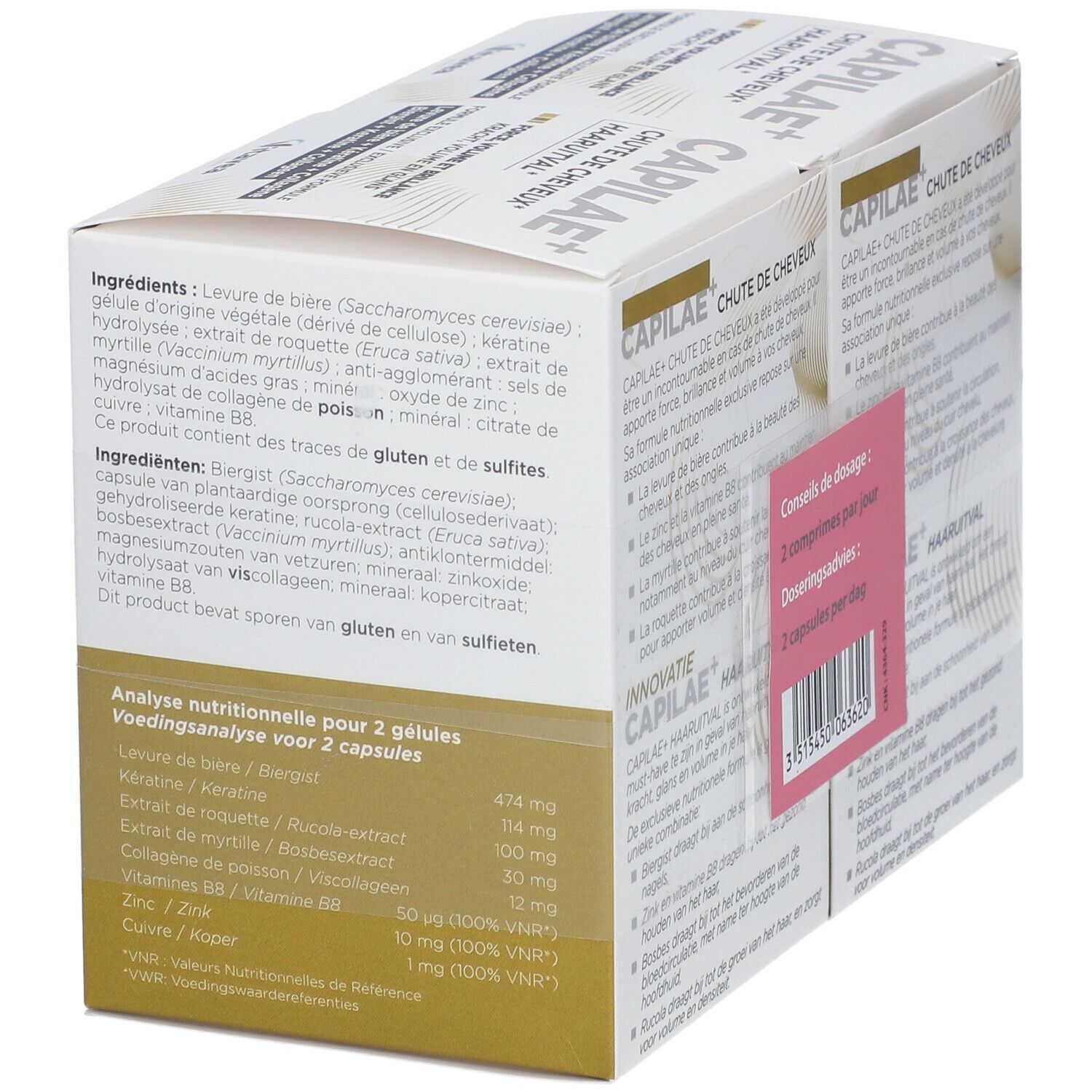 Ingrédients et analyse nutritionnelle pour Capilaé+ Chute de Cheveux. Texte multilingue.