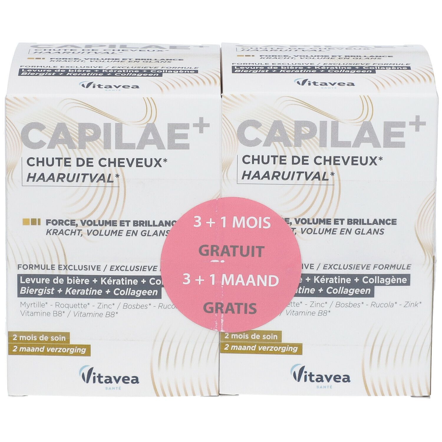 Emballage Capilaé+ Chute de Cheveux. 3+1 mois GRATUIT. Boîte blanche, autocollant rose.