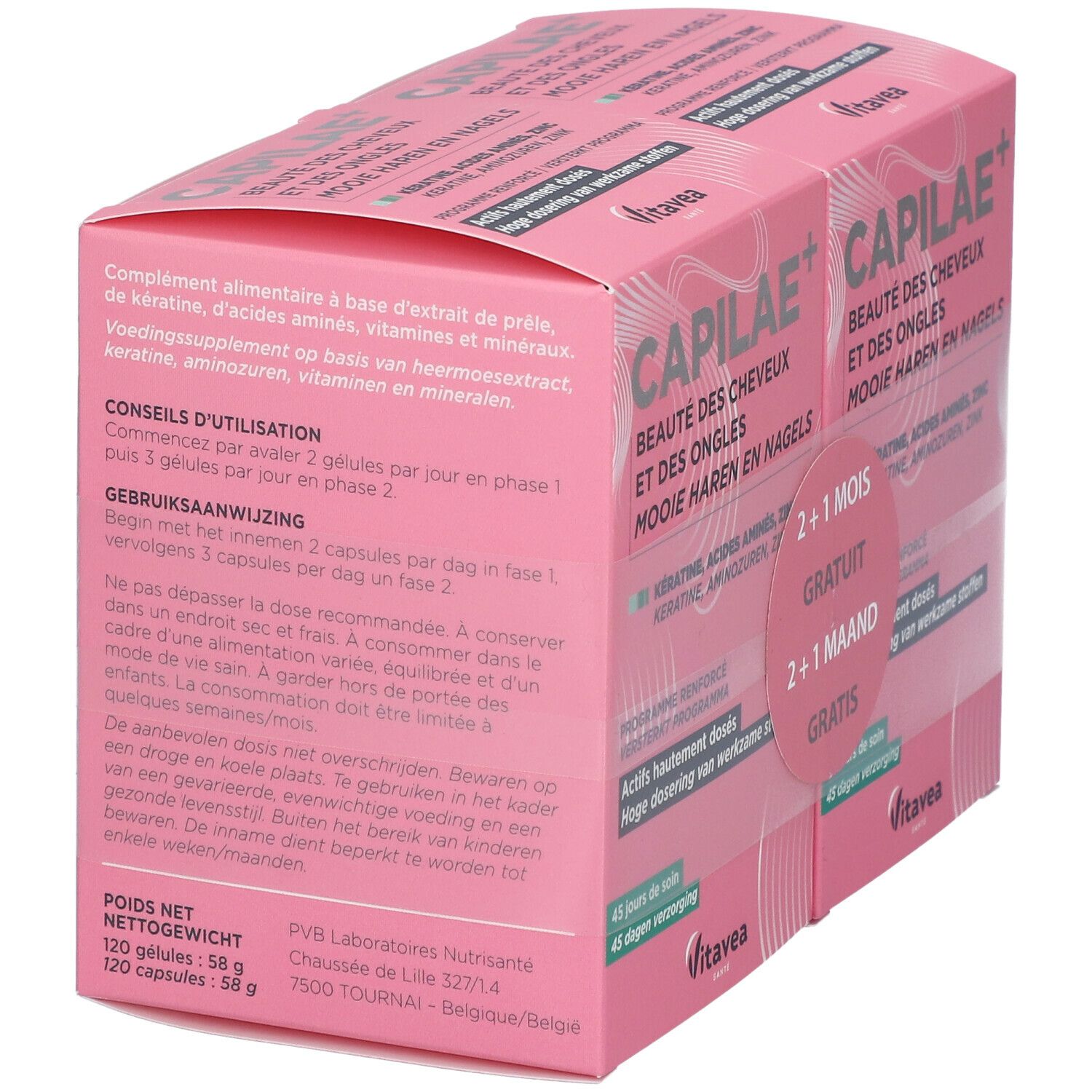Boîte rose avec informations et texte sur le produit. Contient des informations sur les ingrédients et l'utilisation.