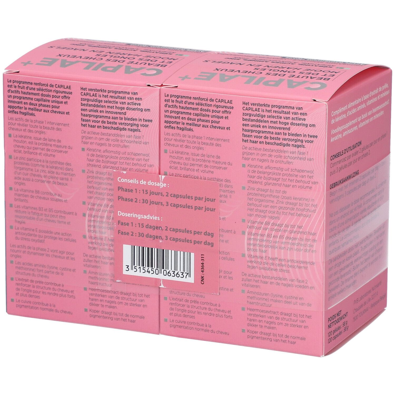 Boîte rose avec informations et texte sur le produit. Contient des informations sur le dosage et les ingrédients.