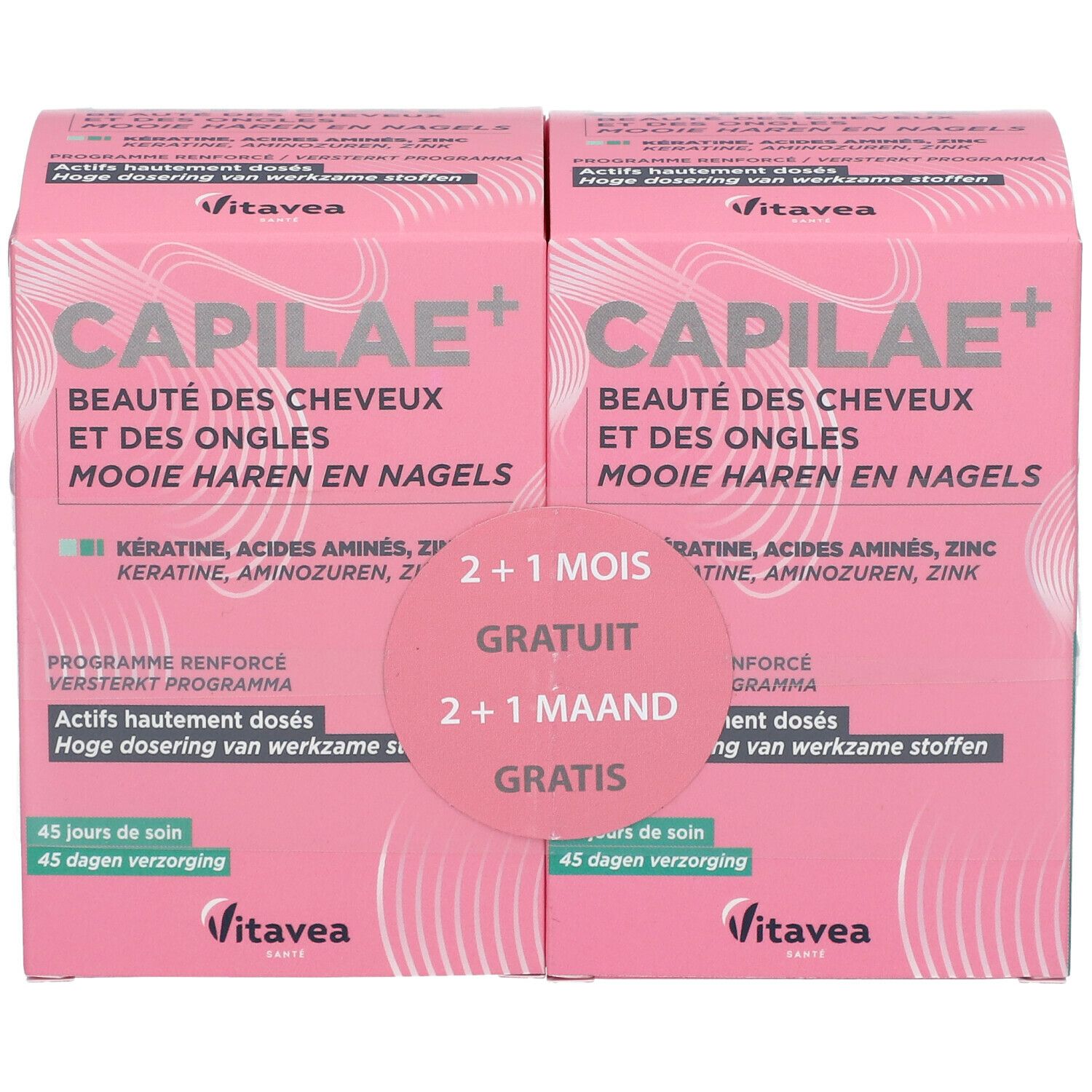 Boîte rose avec nom du produit et texte. Contient deux boîtes avec l'offre 2+1 gratuit.