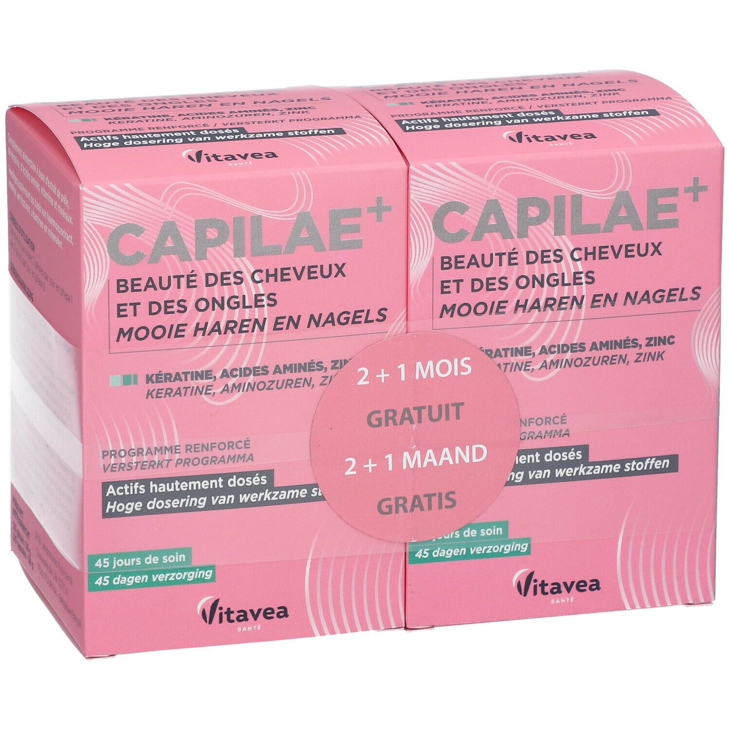 Boîte rose avec nom du produit et texte. Contient deux boîtes avec l'offre 2+1 gratuit.