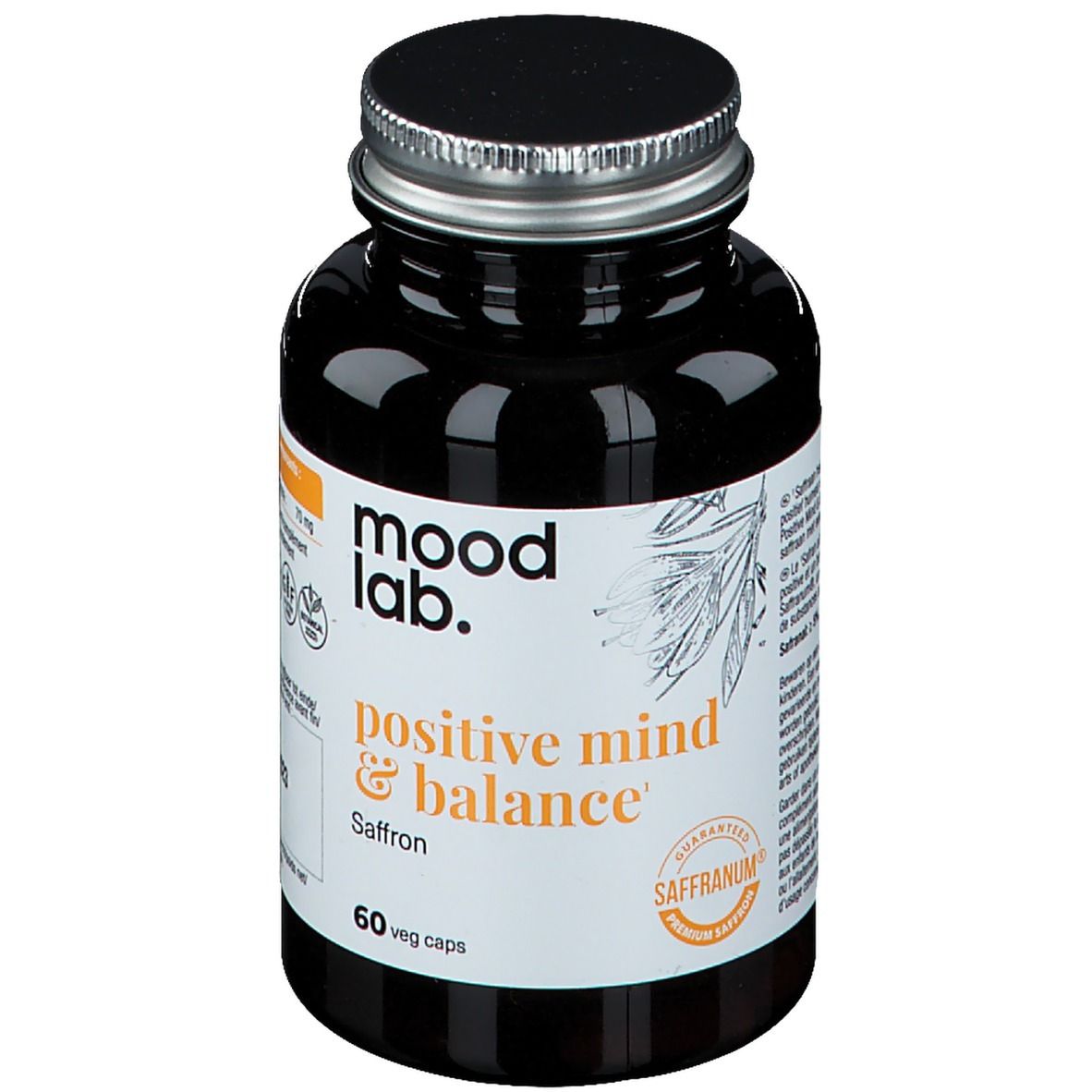 Flacon brun avec bouchon noir. Inscription: Moodlab, Positive Mind & Balance, Safran. 60 gélules végétales.