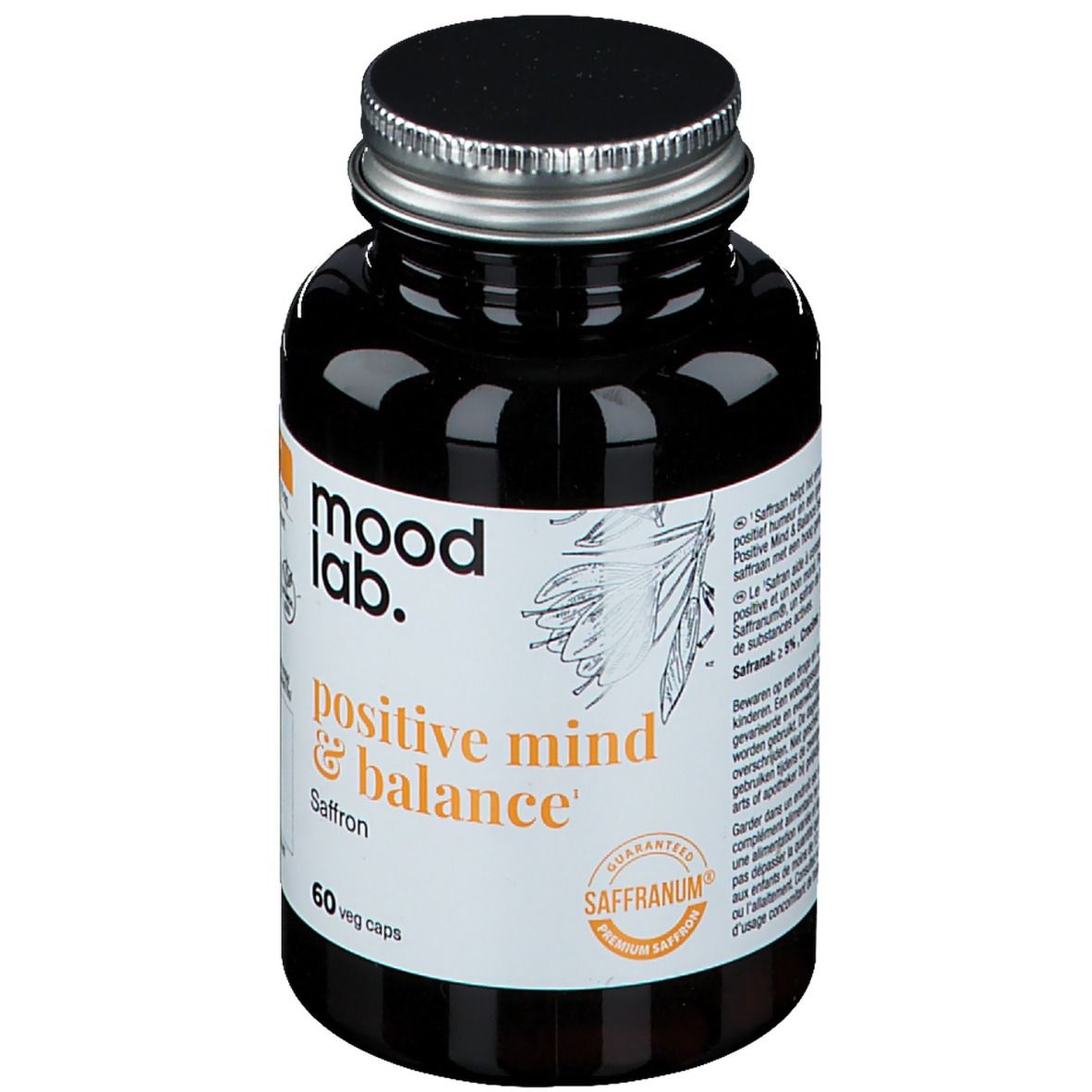 Flacon brun avec bouchon noir. Inscription: Moodlab, Positive Mind & Balance, Safran. 60 gélules végétales.