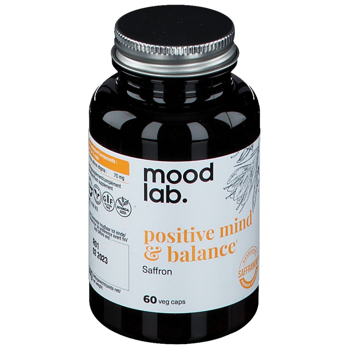 Flacon brun avec bouchon noir. Inscription: Moodlab, Positive Mind & Balance, Safran. 60 gélules végétales.