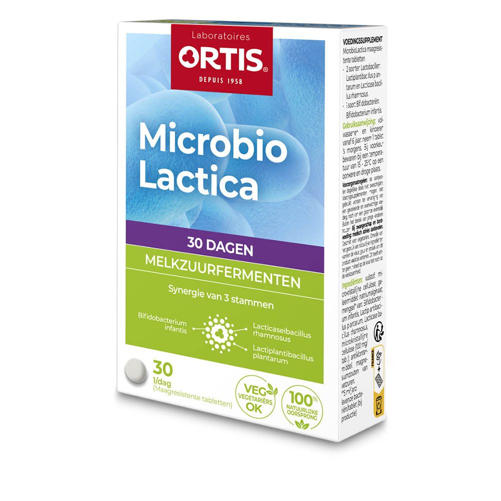 Verpakking ORTIS Microbio Lactica. Wit, met logo en productnaam. Bevat 30 tabletten. Groen-witte tekst.