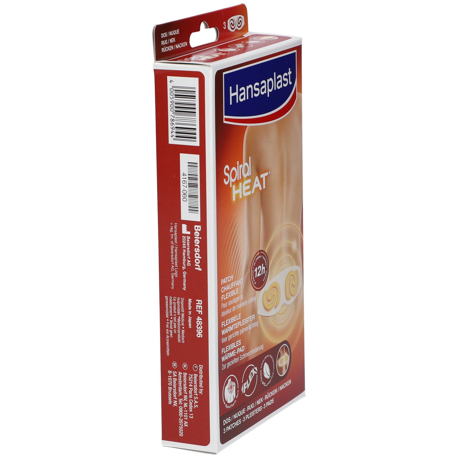 Emballage Hansaplast Spiral Heat, vue latérale. Texte: Spiral Heat, 12h, 3 coussinets. Fabricant: Beiersdorf.