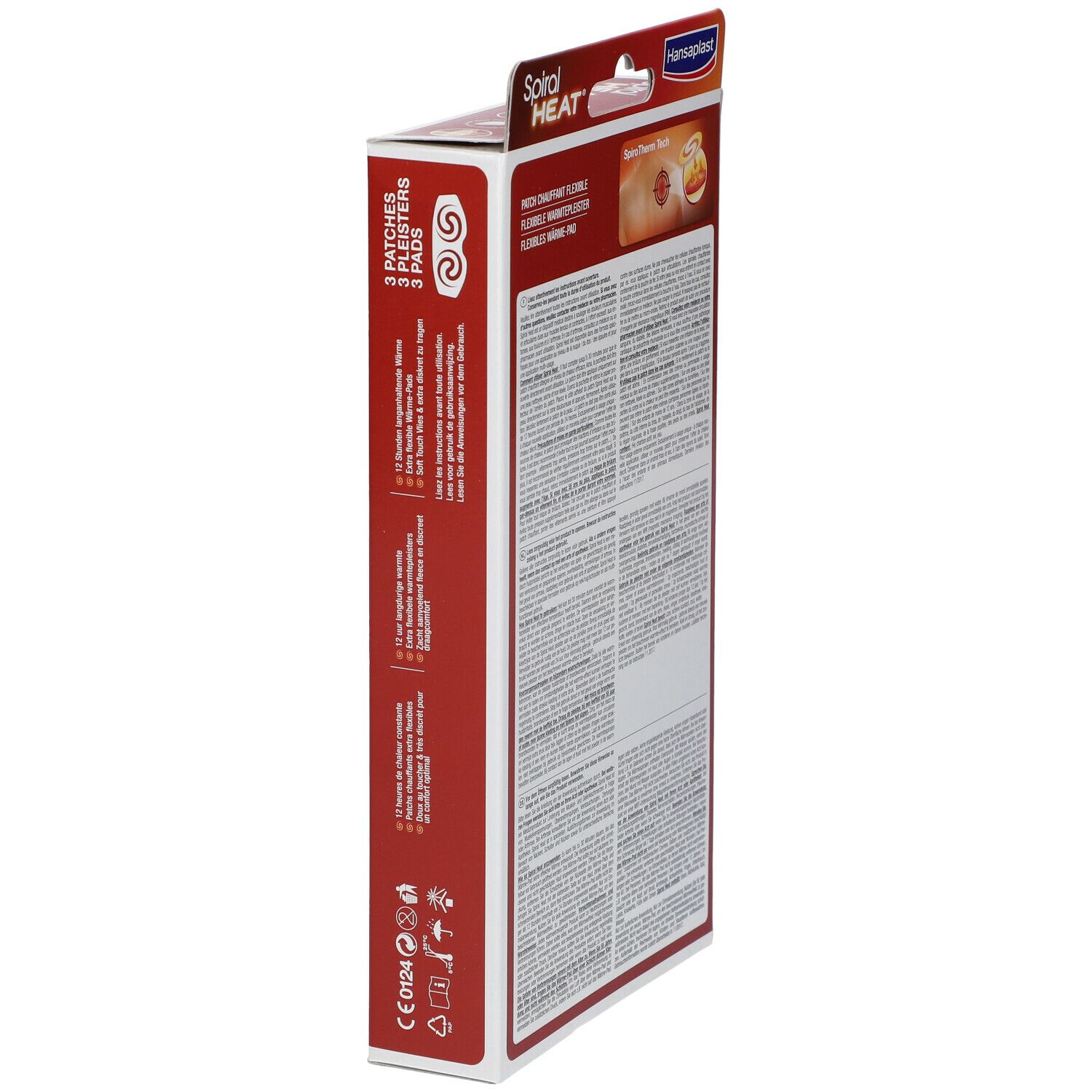 Emballage Hansaplast Spiral Heat, vue latérale. Texte et informations sur le produit au dos.