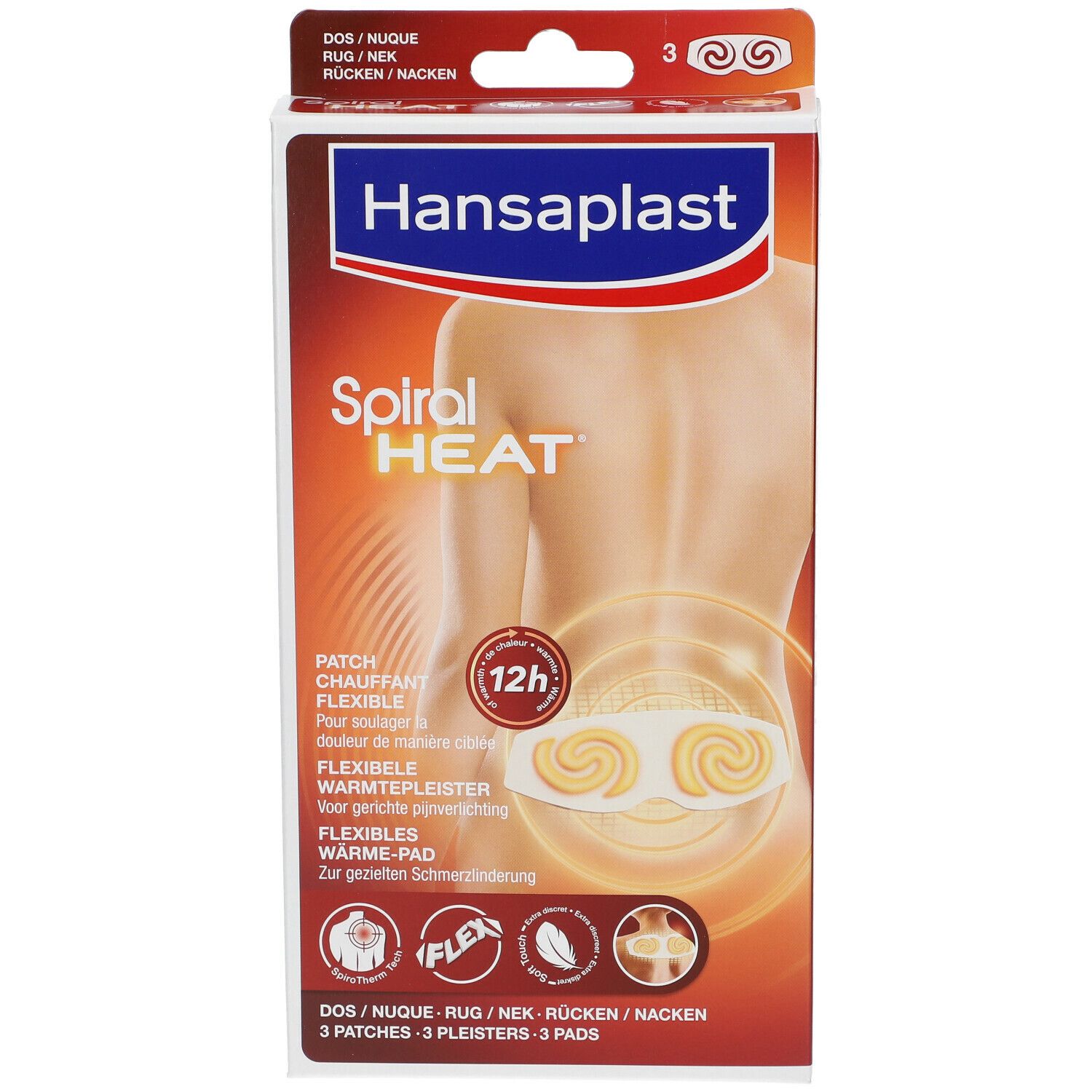 Emballage Hansaplast Spiral Heat. Dos avec deux coussinets chauffants. Texte: Flexible, 12h, 3 coussinets.