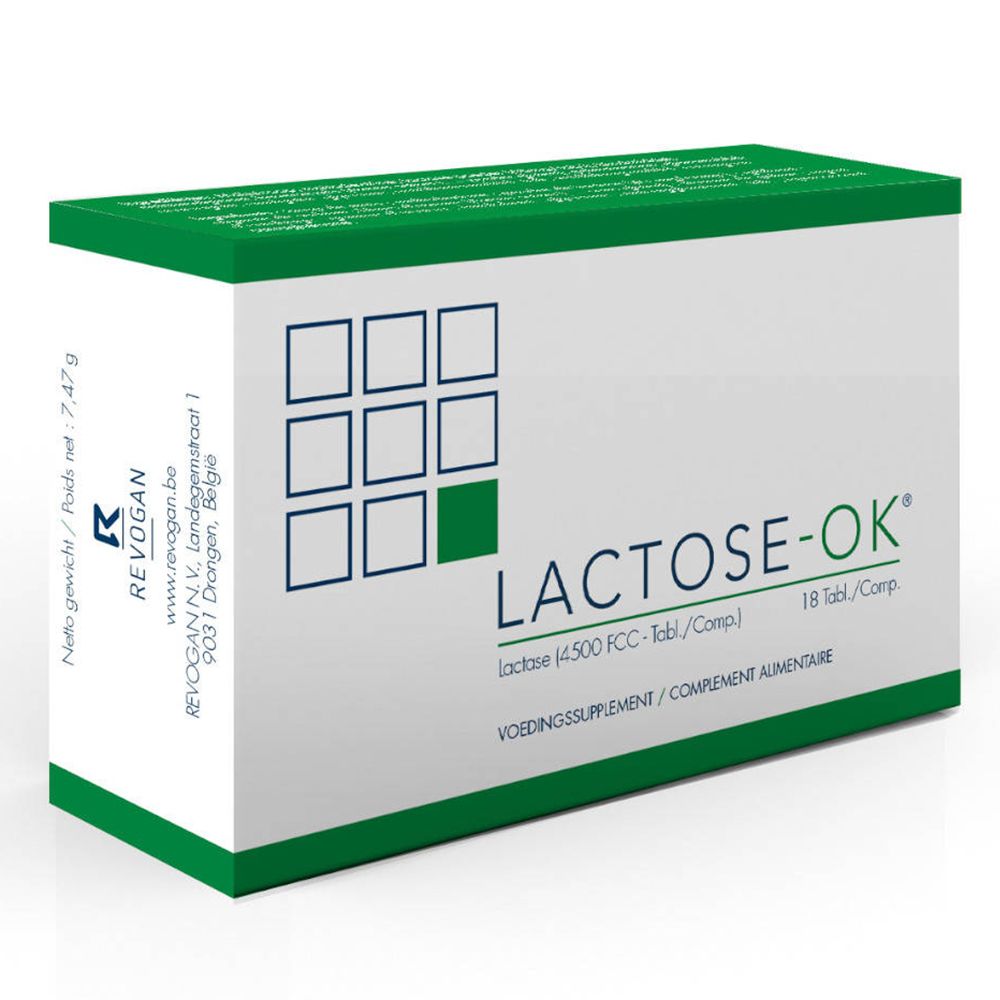 Boîte blanche et verte. Inscription LACTOSE-OK®, 18 comprimés. Contient de la lactase. Fabricant REVOgan.