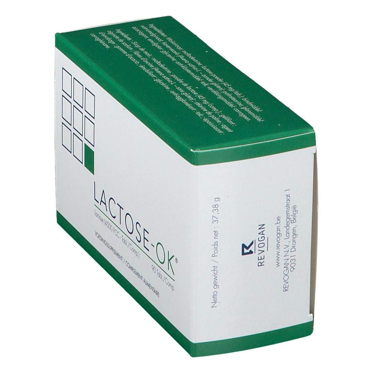 Vue oblique de l'emballage LACTOSE-OK. Boîte blanche avec couvercle vert. Texte: LACTOSE-OK, 90 Tabl./Comp. et Revogan.