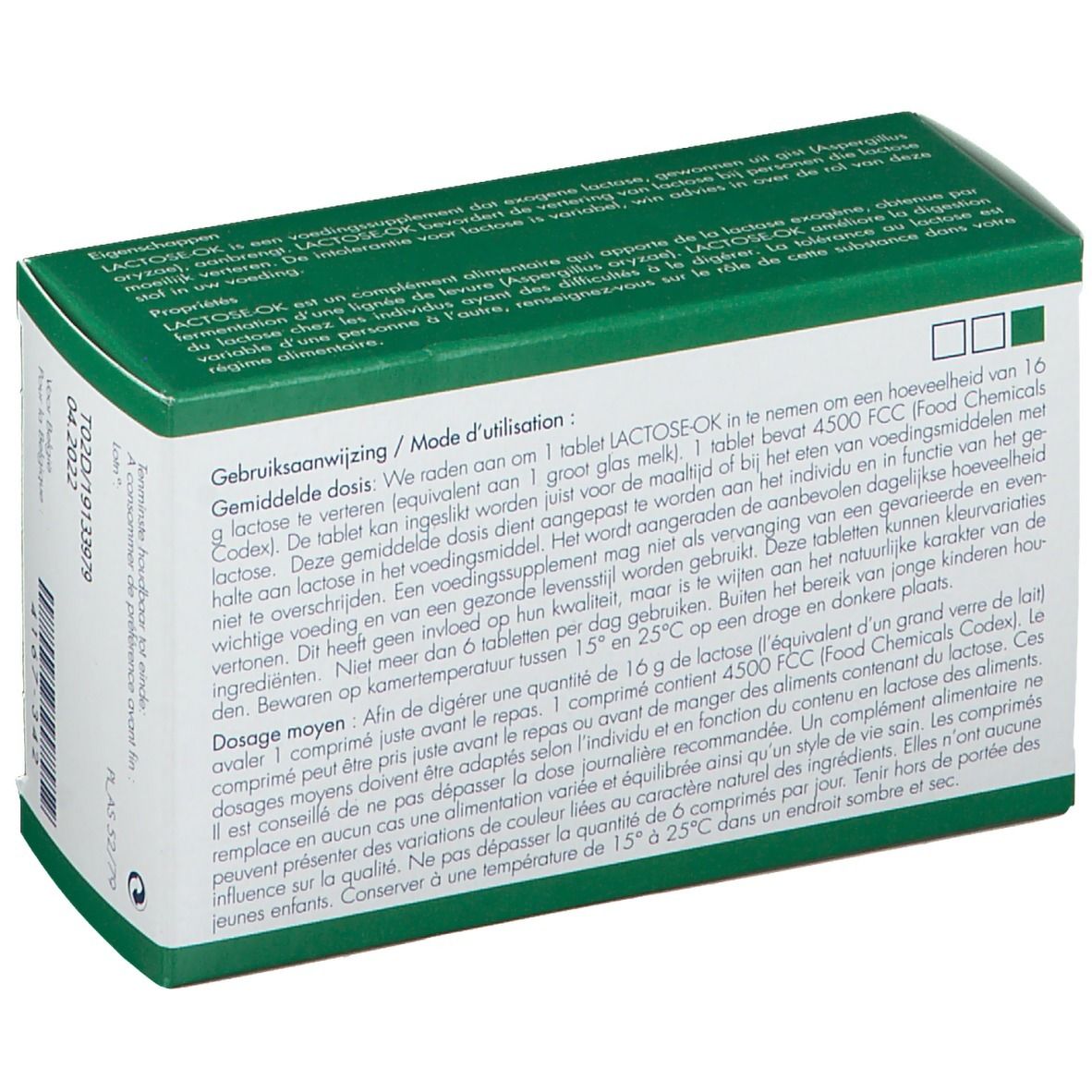 Dos de l'emballage LACTOSE-OK. Boîte blanche avec couvercle vert. Texte: Mode d'emploi, dosage et ingrédients.