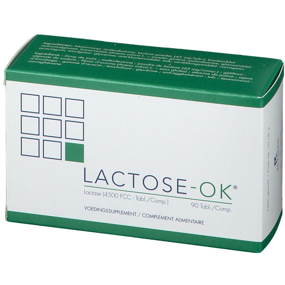 Emballage LACTOSE-OK. Boîte blanche avec couvercle vert. Texte: Lactase (4500 FCC-Tabl./Comp.) et 90 Tabl./Comp.