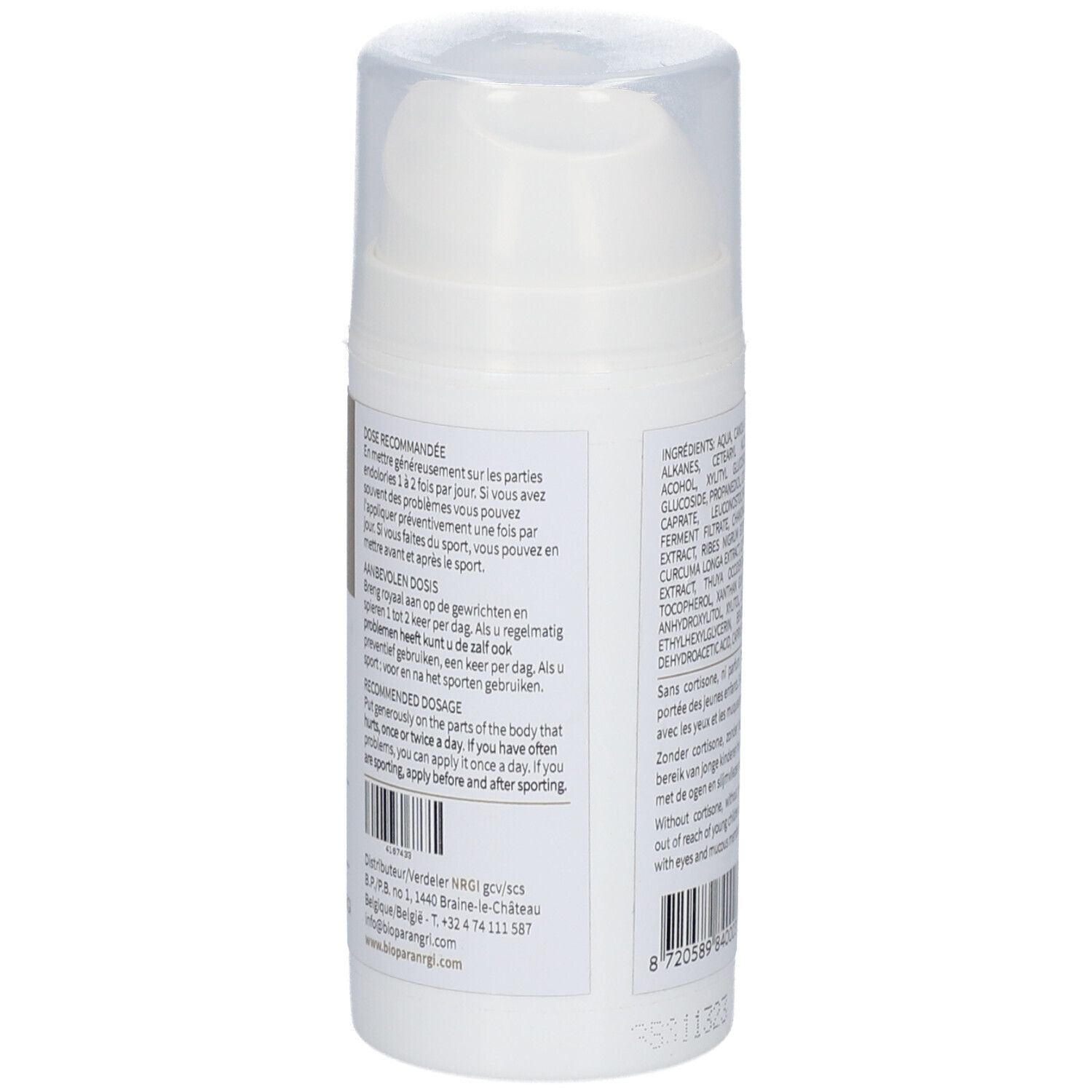 Dos du flacon blanc. Texte: Recommandations de dosage, mode d'emploi. Code-barres. Informations fabricant.