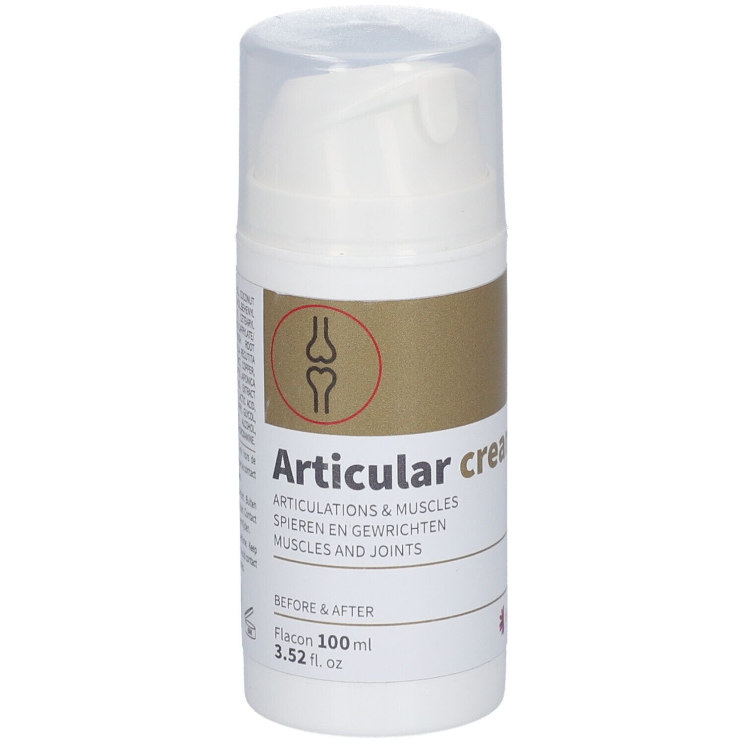 Flacon blanc avec pompe doseuse. Inscription: Articular cream. Illustration d'un os. Texte: Articulations & muscles.
