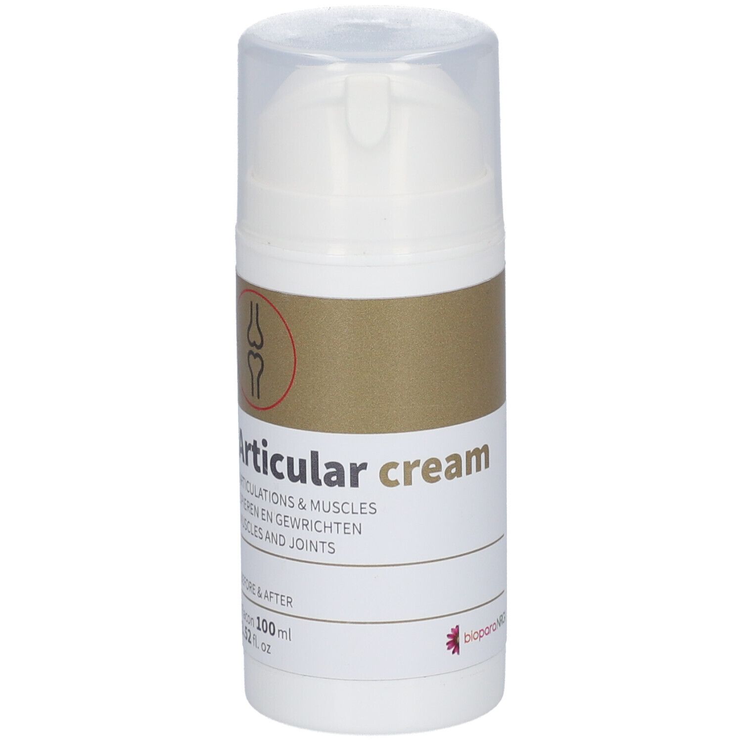 Flacon blanc avec pompe doseuse. Inscription: Articular cream. Illustration d'un os. Texte: Articulations & muscles.