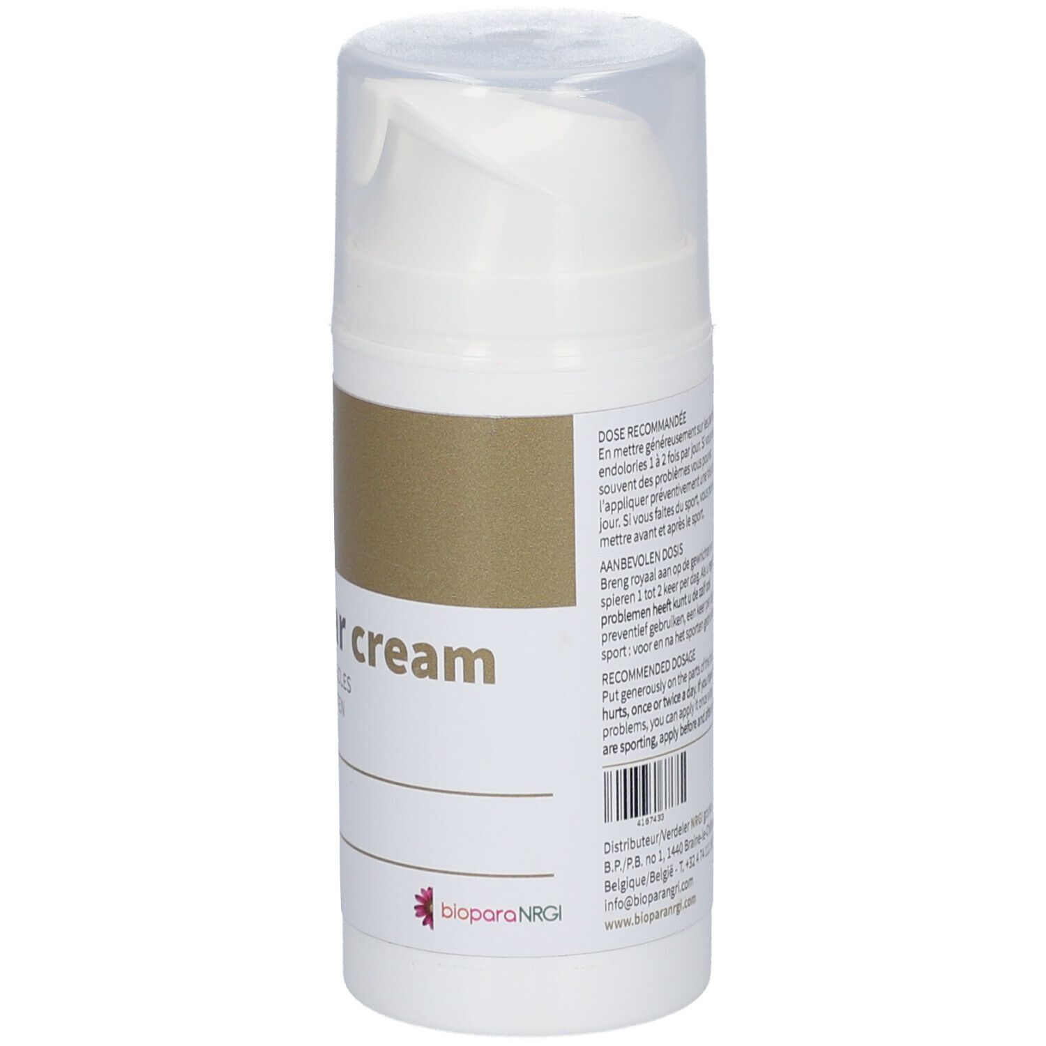 Flacon blanc avec pompe doseuse. Inscription: Articular cream. Illustration d'un os. Texte: Articulations & muscles.
