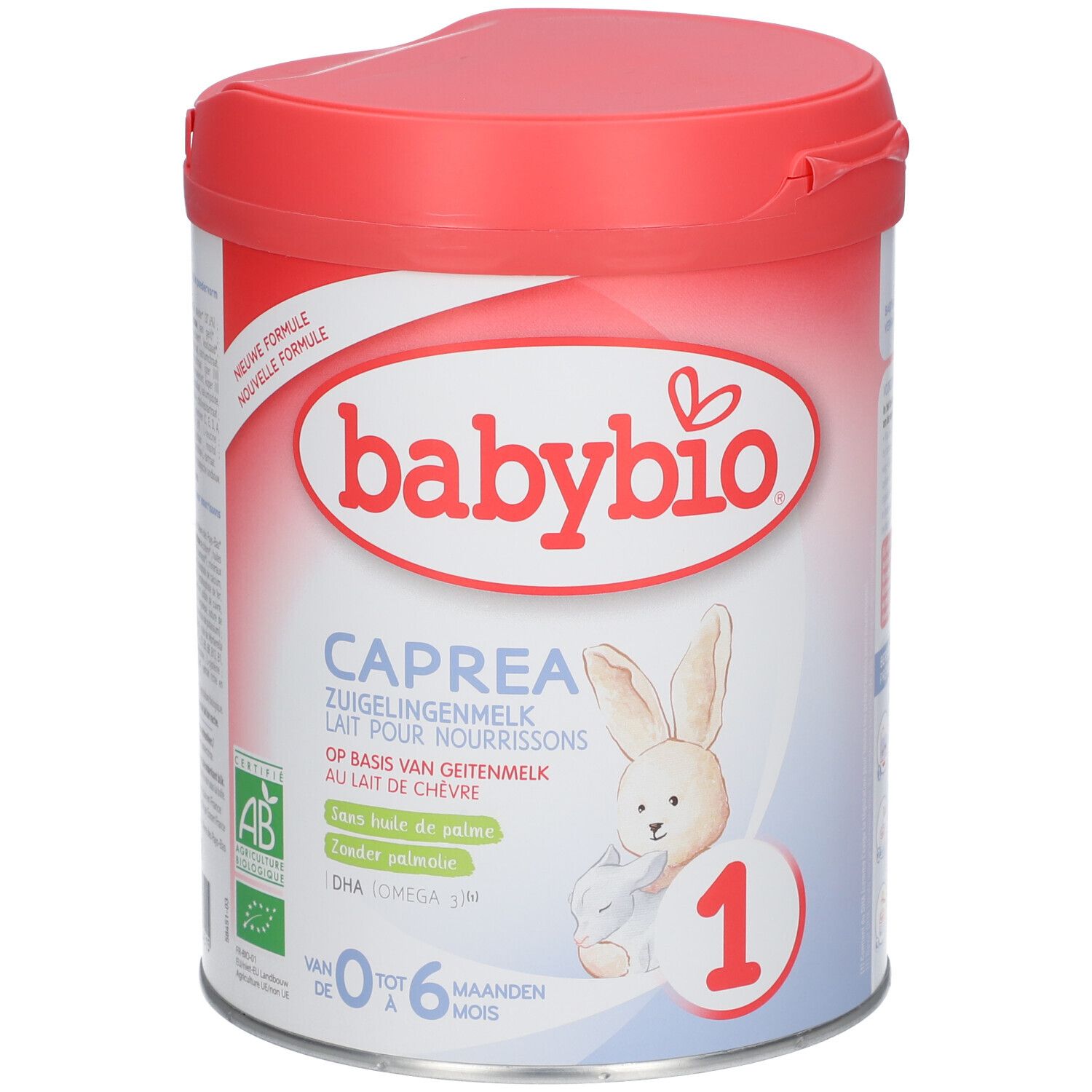 Boîte de lait en poudre Babybio CAPREA 1. Couvercle rouge, boîte blanche avec informations et lapin.