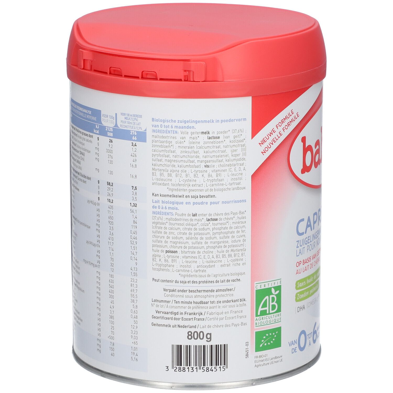 Dos de la boîte de lait Babybio CAPREA 1. Contient des informations nutritionnelles et une liste d'ingrédients.