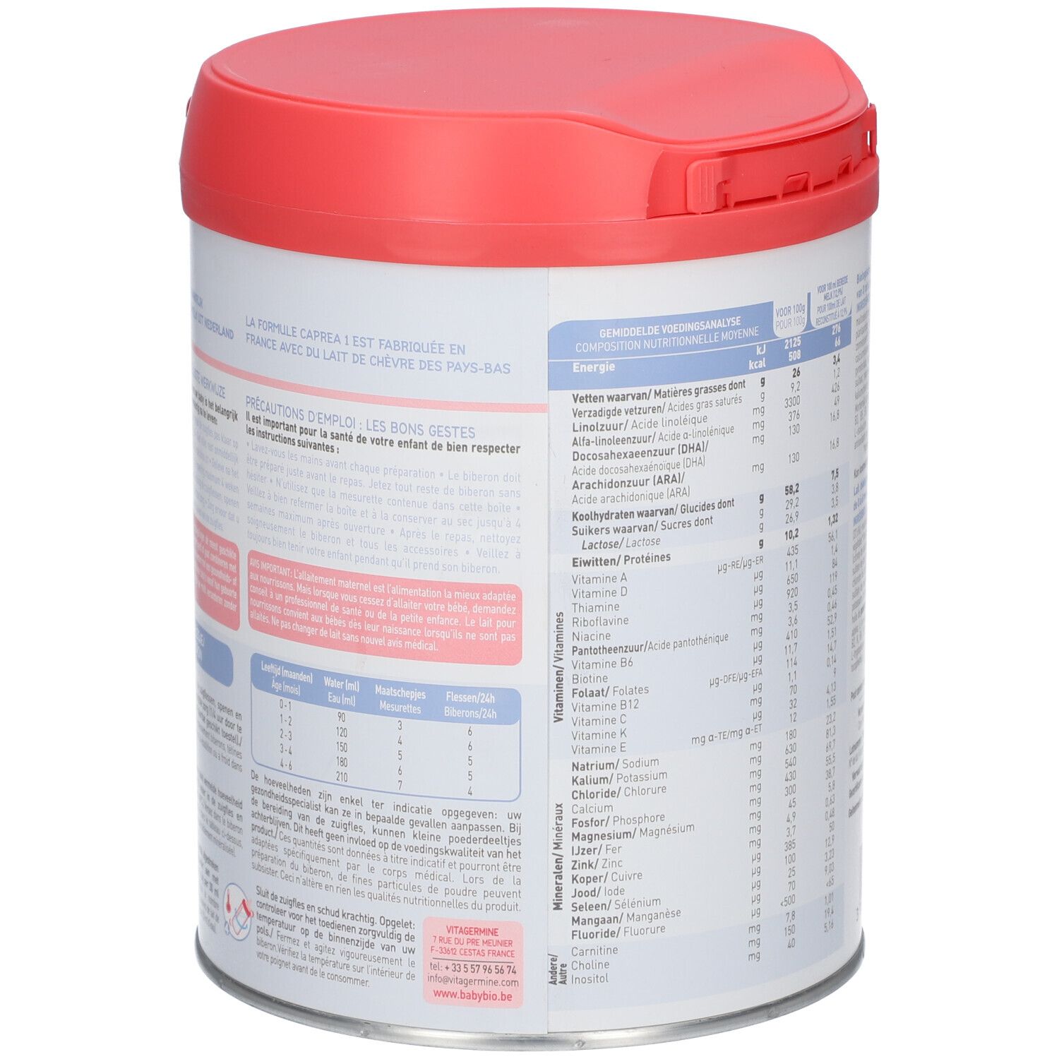 Dos de la boîte de lait Babybio CAPREA 1. Contient des informations nutritionnelles et autres informations.