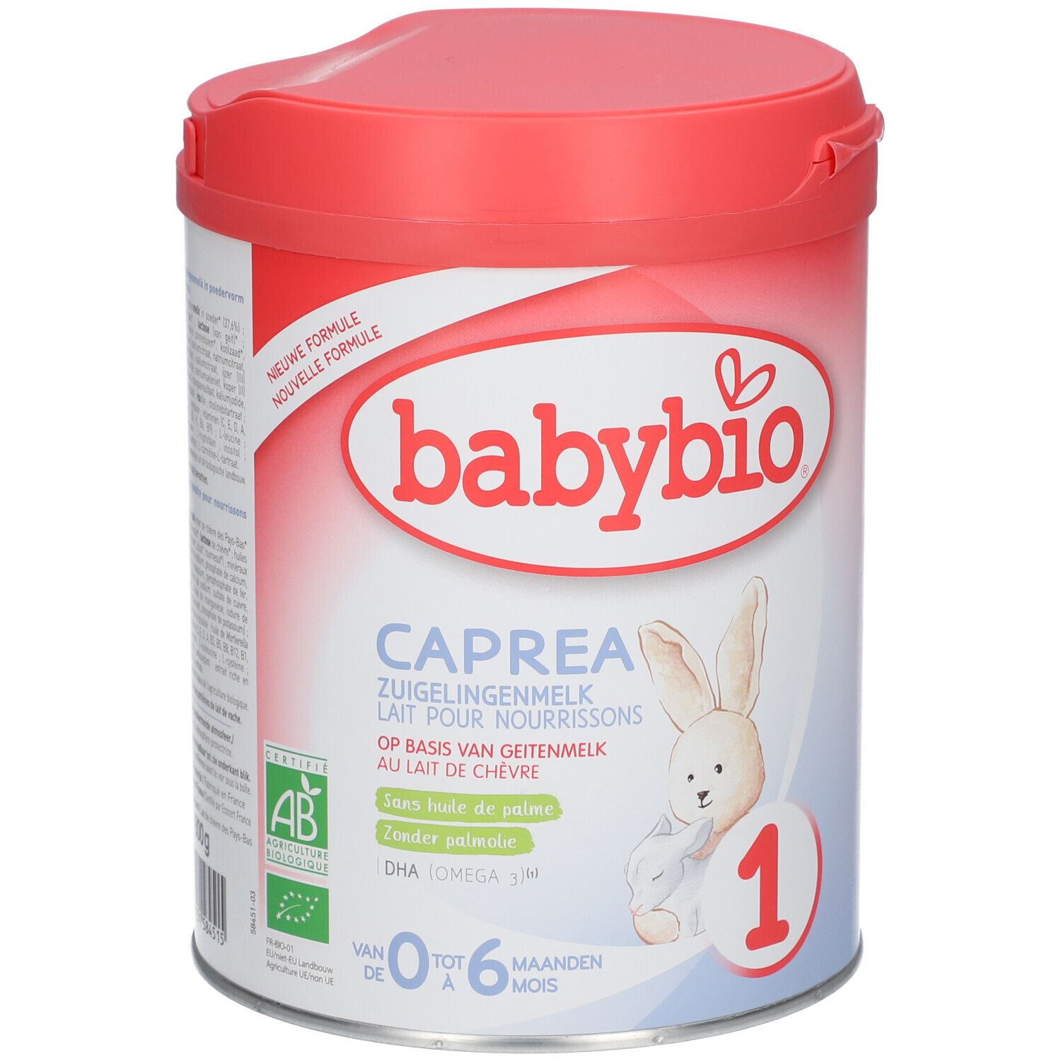 Boîte de lait en poudre Babybio CAPREA 1. Couvercle rouge, boîte blanche avec informations et lapin.