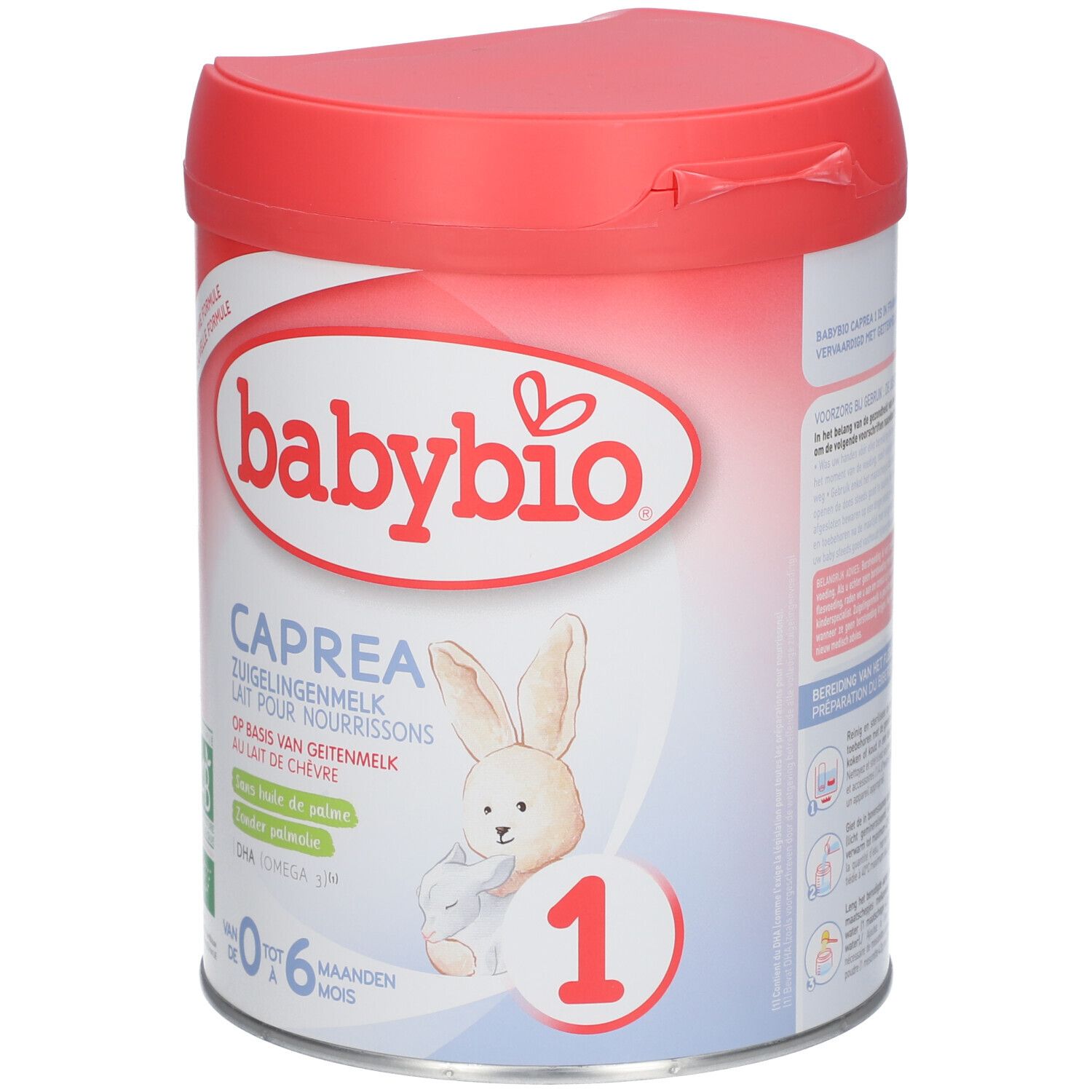 Boîte de lait en poudre Babybio CAPREA 1. Couvercle rouge, boîte blanche avec informations et lapin.