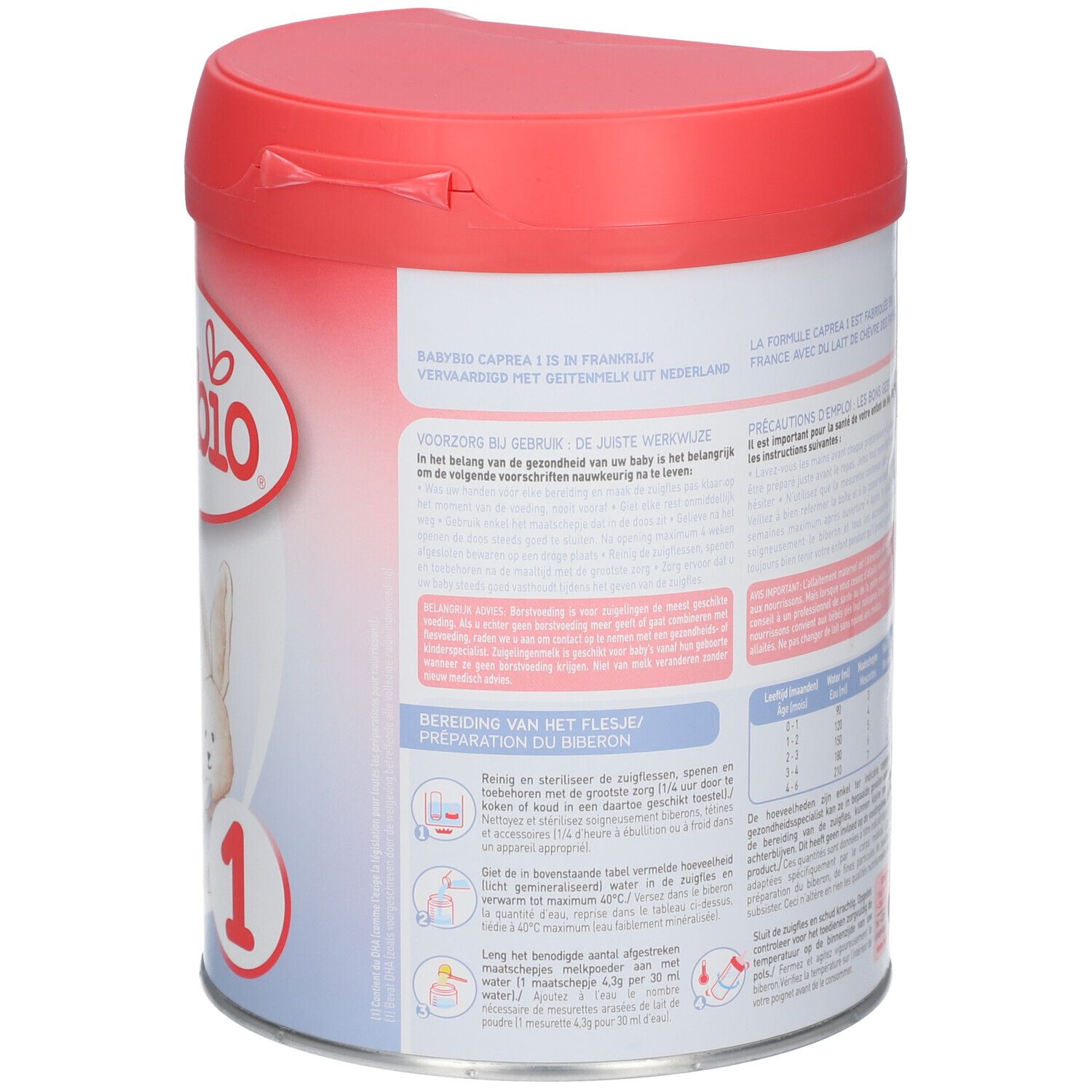 Dos de la boîte de lait Babybio CAPREA 1. Contient des informations de préparation et des informations nutritionnelles.