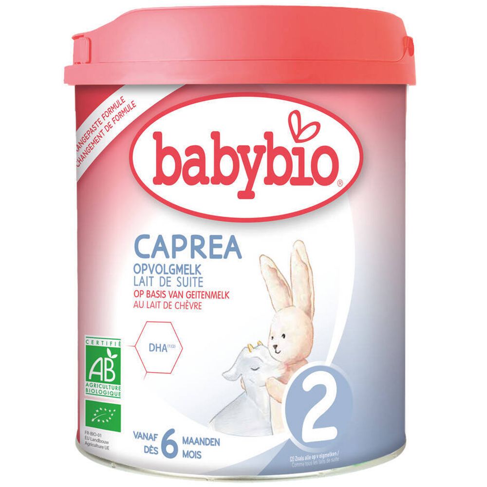 Babybio Caprea 2 geitenmelk, roze deksel. AB bio-label. Bevat DHA. Voor 6-12 maanden.