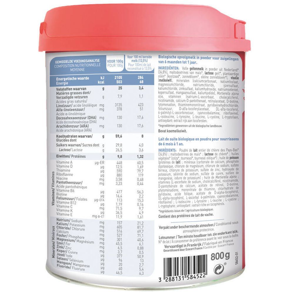 Achterkant van de Babybio Caprea 2-doos. Voedingswaarde, ingrediëntenlijst en instructies. 800g.