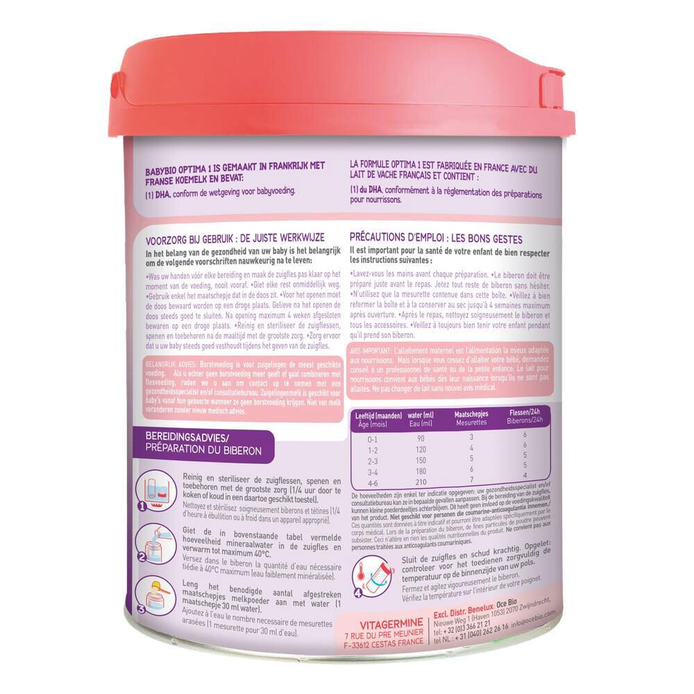 Achterkant van de Babybio Optima 1 blik. Tekst in Duits, Frans en Nederlands. Instructies.