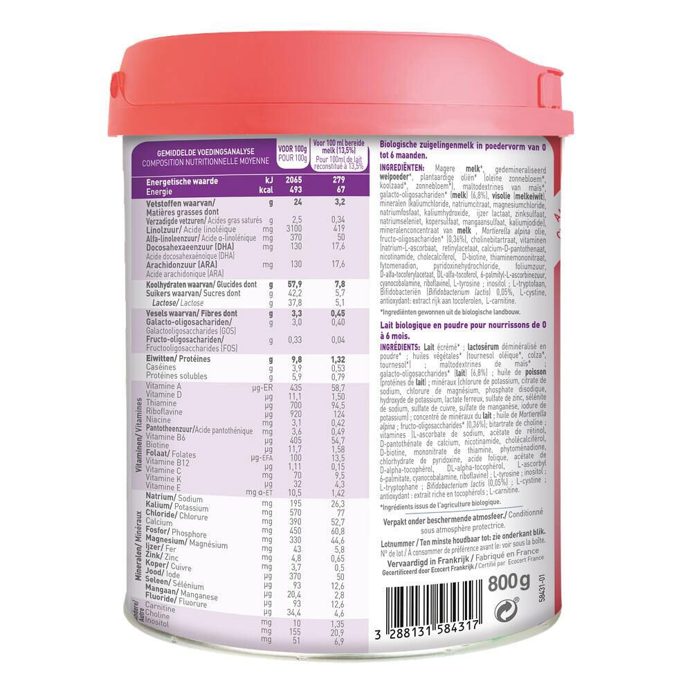 Achterkant van de Babybio Optima 1 blik. Voedingstabel en ingrediëntenlijst. 800g.