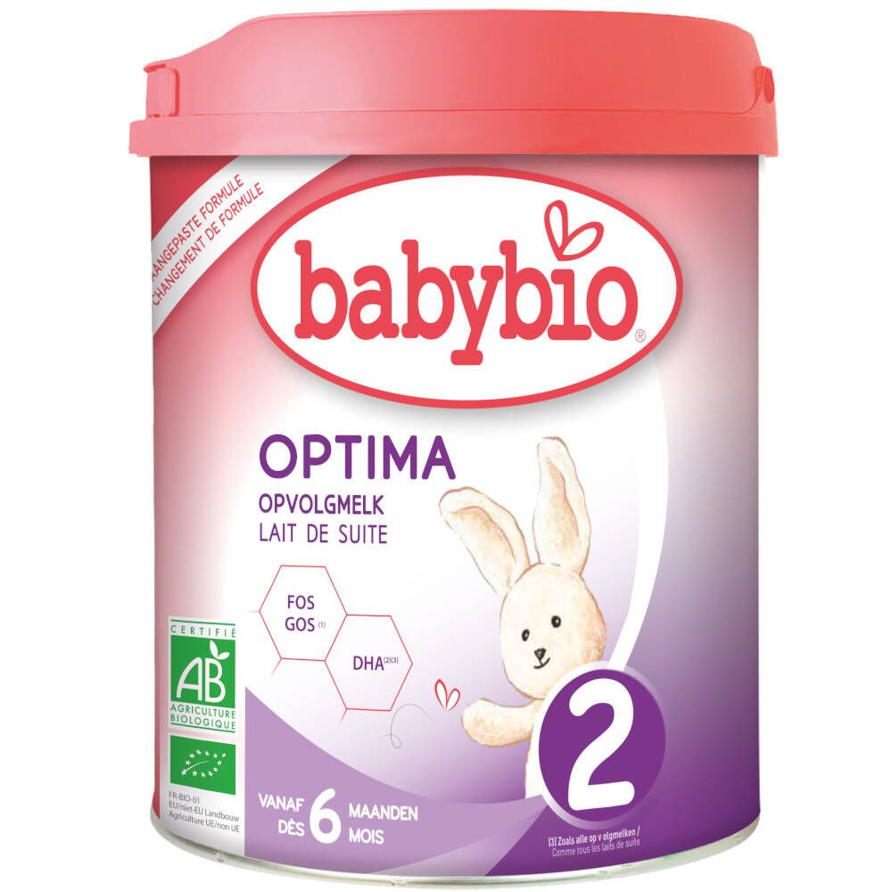 Boîte de lait en poudre Babybio Optima 2. Couvercle rose. Certification bio. Dès 6 mois.