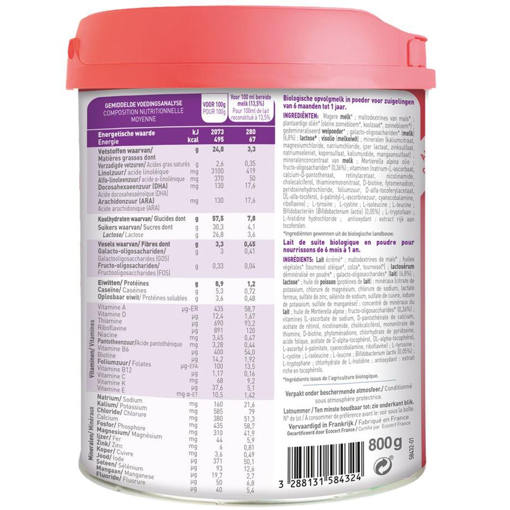 Dos de la boîte Babybio Optima 2. Tableau nutritionnel et liste des ingrédients. 800g.