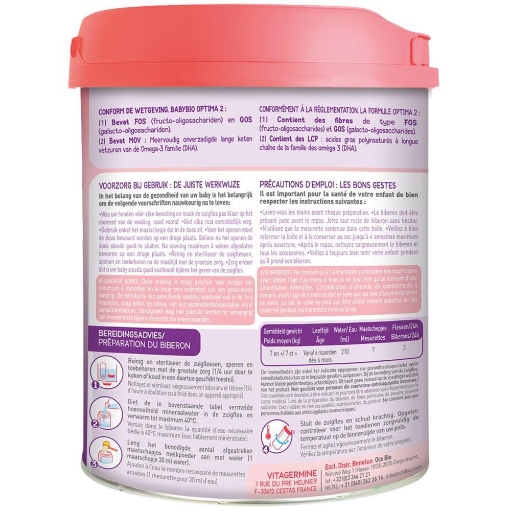 Dos de la boîte Babybio Optima 2. Conseils d'utilisation et précautions.
