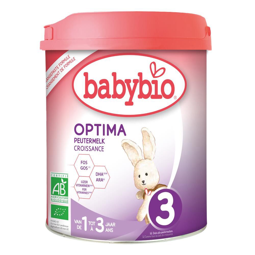 Boîte rose Babybio OPTIMA 3. Texte et logo. Lapin dessiné. Label AB. Pour enfants de 1 à 3 ans.