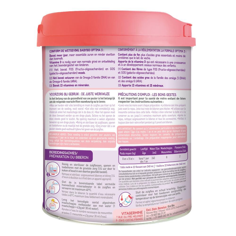 Dos de la boîte Babybio OPTIMA 3. Texte multilingue. Instructions de préparation. Informations nutritionnelles.