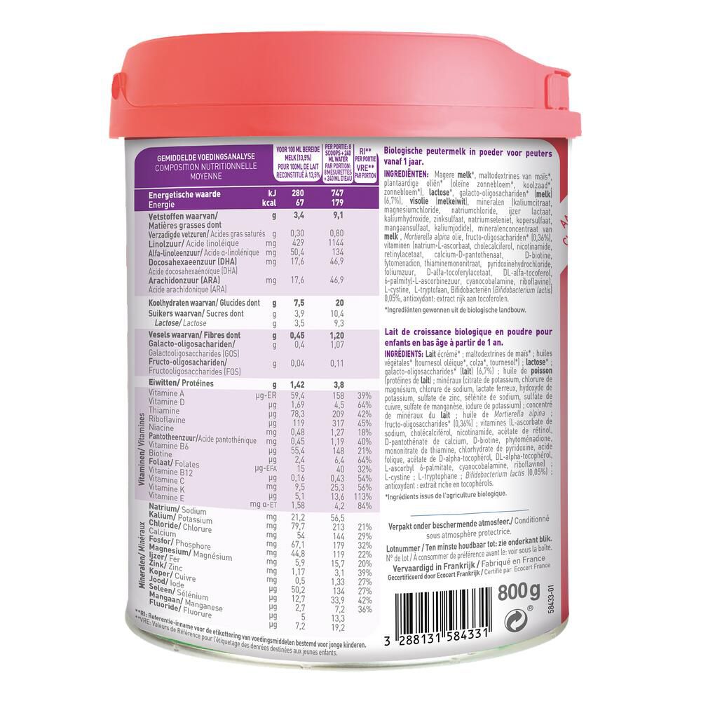 Dos de la boîte Babybio OPTIMA 3. Tableau nutritionnel. Liste des ingrédients. Texte multilingue.