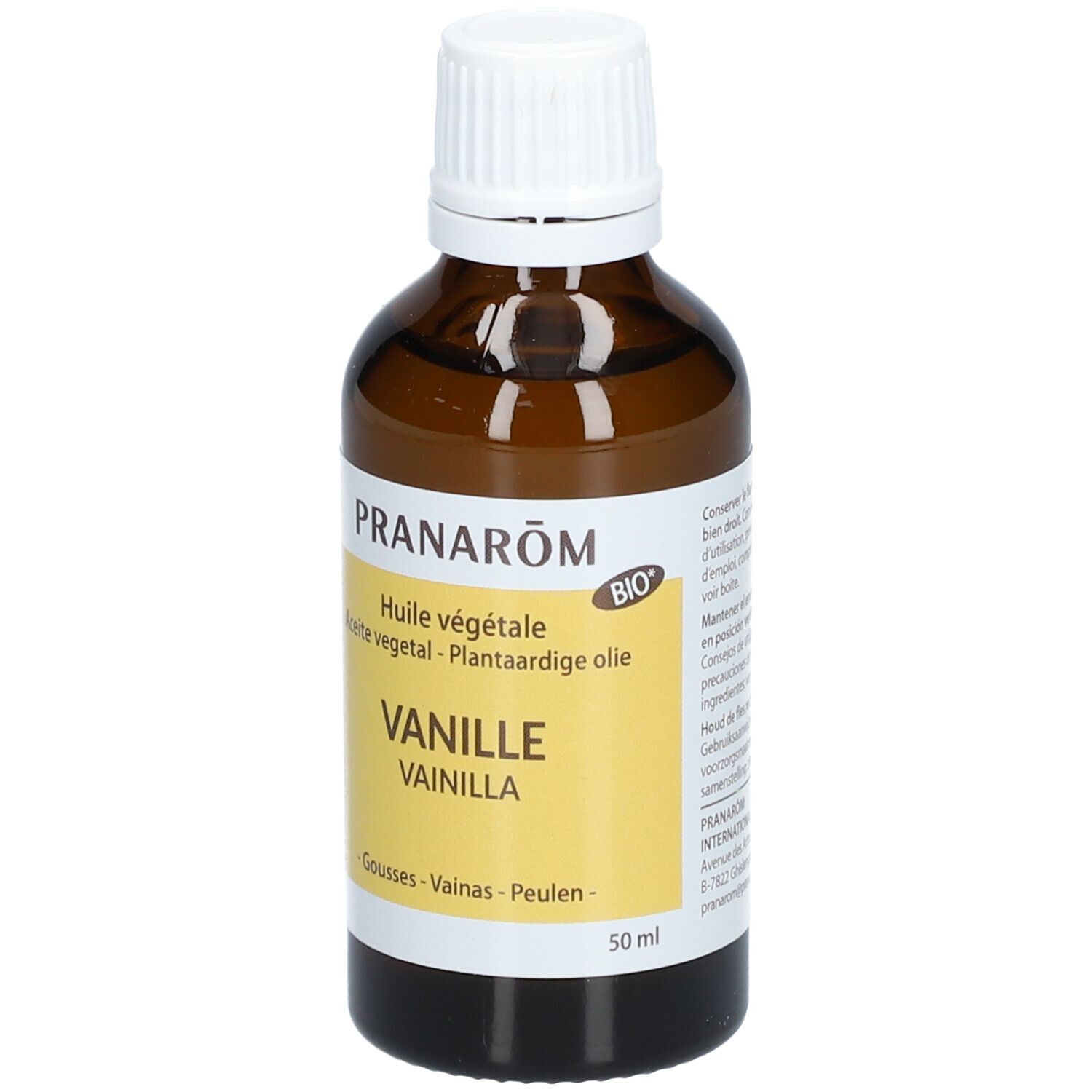 Flacon en verre brun avec bouchon blanc. Étiquette "PRANAROM", "VANILLE" et "BIO".