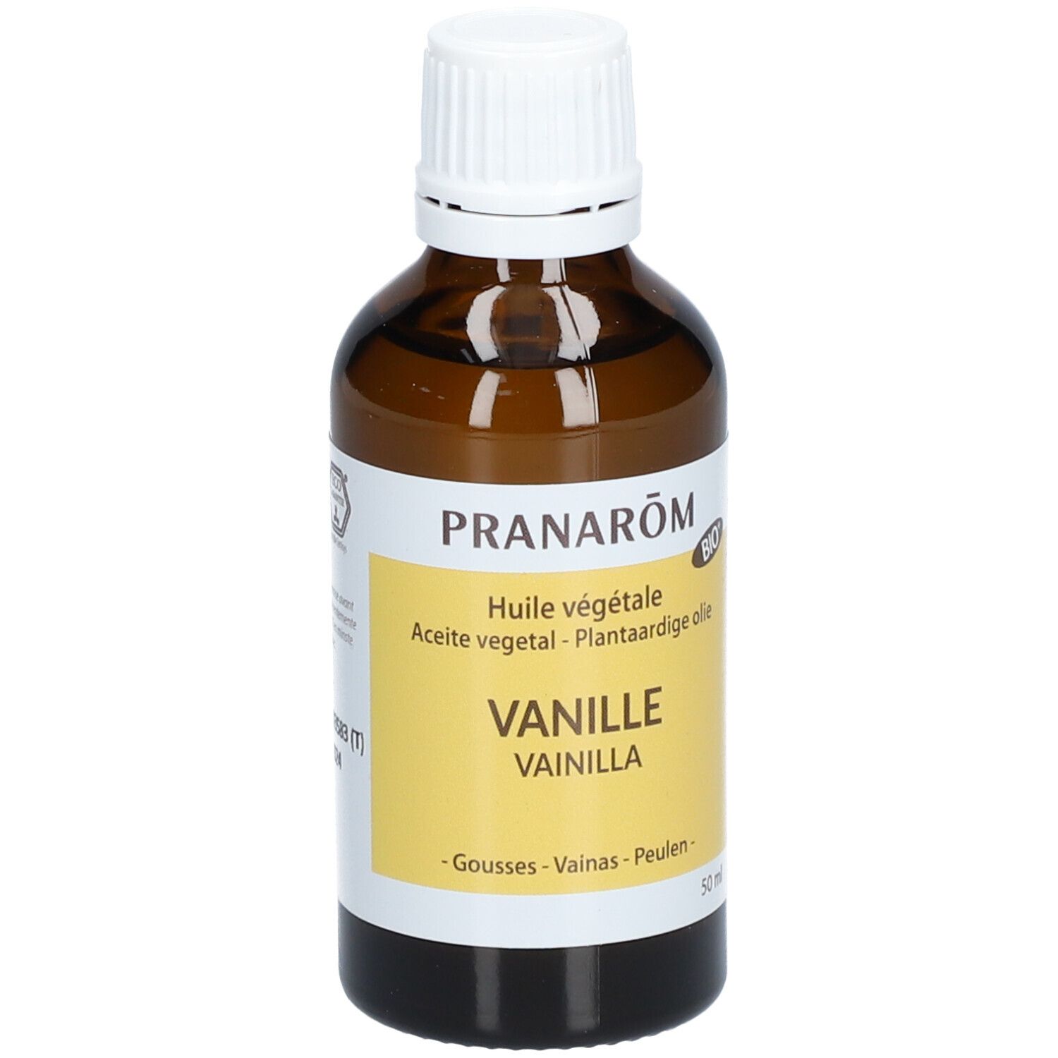 Flacon en verre brun avec bouchon blanc. Étiquette "PRANAROM", "VANILLE" et "BIO".