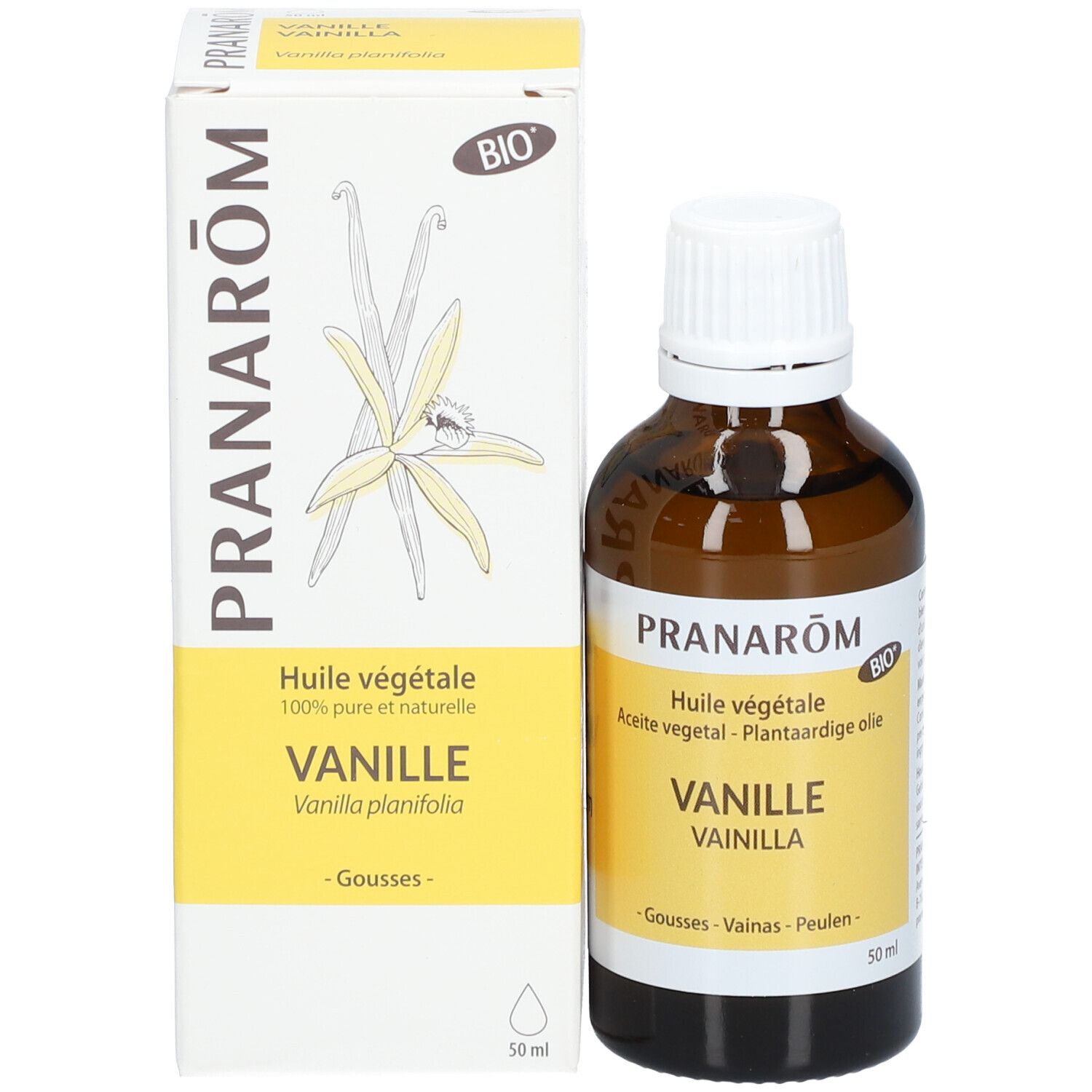 Flacon et boîte. Boîte avec "PRANAROM", "VANILLE" et "BIO".