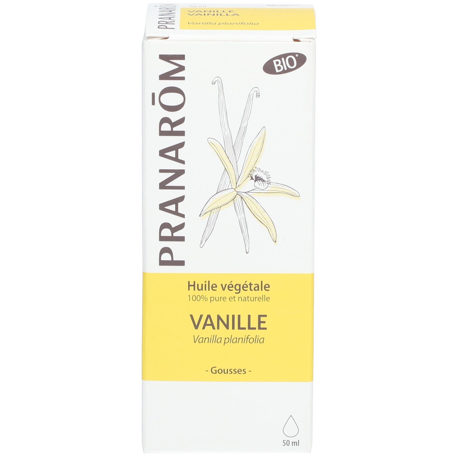 Boîte blanche avec "PRANAROM", "VANILLE" et "BIO". Illustration de gousses de vanille.