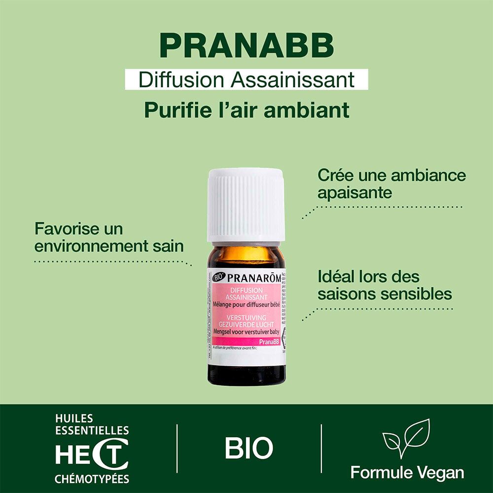 Pranarôm PranaBB, Fläschchen. Text in Französisch. Bio-Zertifizierung. Vegan-Formel. Für ein gesundes Umfeld.