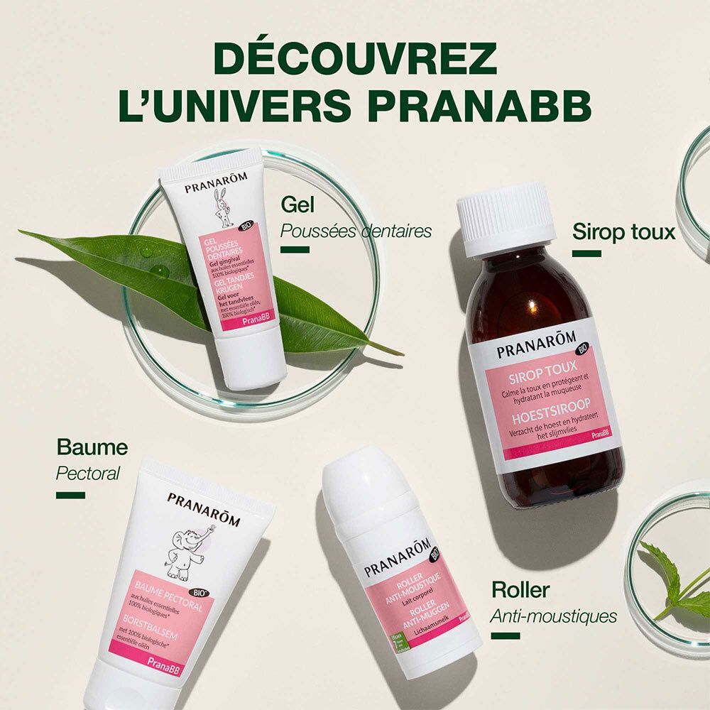 Verschiedene Pranarôm PranaBB Produkte: Gel, Zahnpasta, Hustensirup, Roller. Auf einem grünen Blatt.