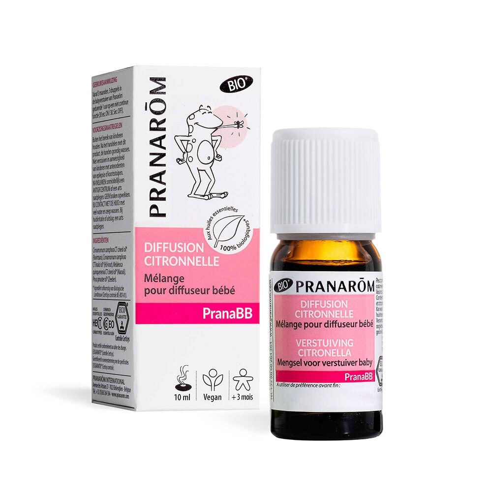 Flacon avec bouchon blanc et étiquette rose, à côté d'une boîte avec logo et informations.